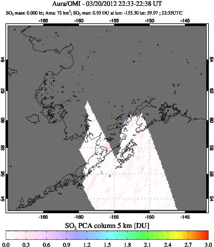 A sulfur dioxide image over Alaska, USA on Mar 20, 2012.