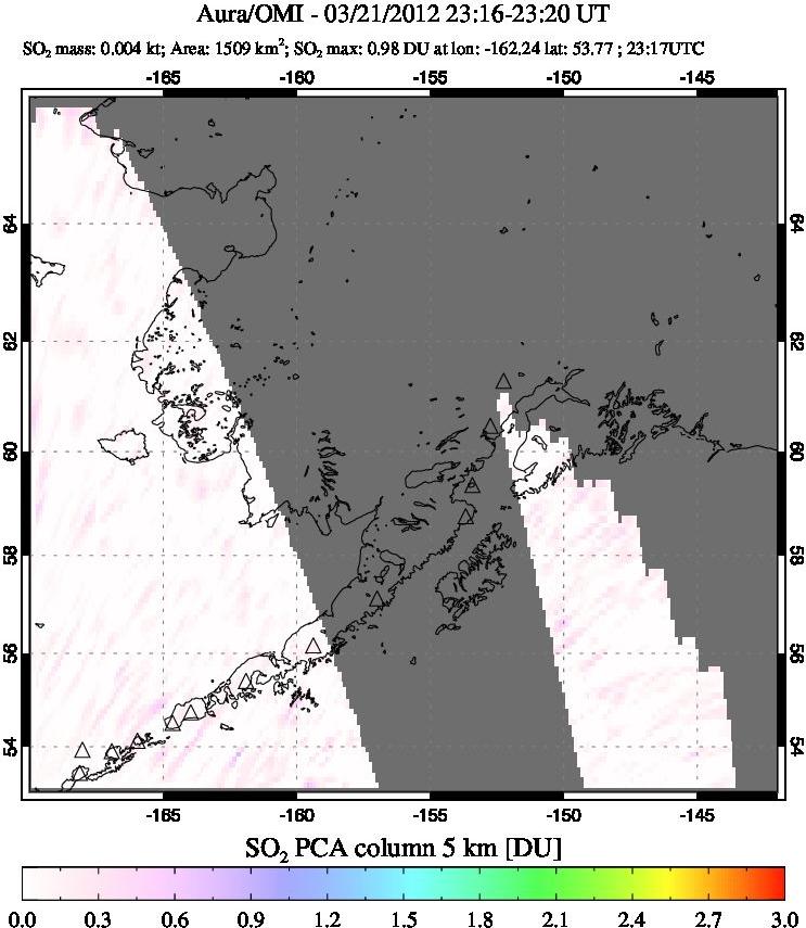 A sulfur dioxide image over Alaska, USA on Mar 21, 2012.