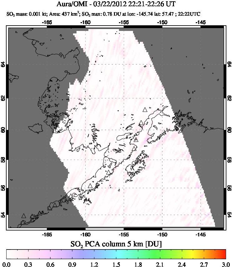 A sulfur dioxide image over Alaska, USA on Mar 22, 2012.