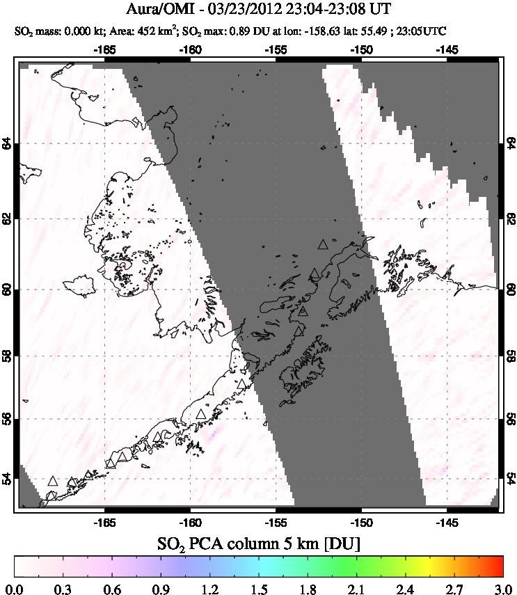 A sulfur dioxide image over Alaska, USA on Mar 23, 2012.