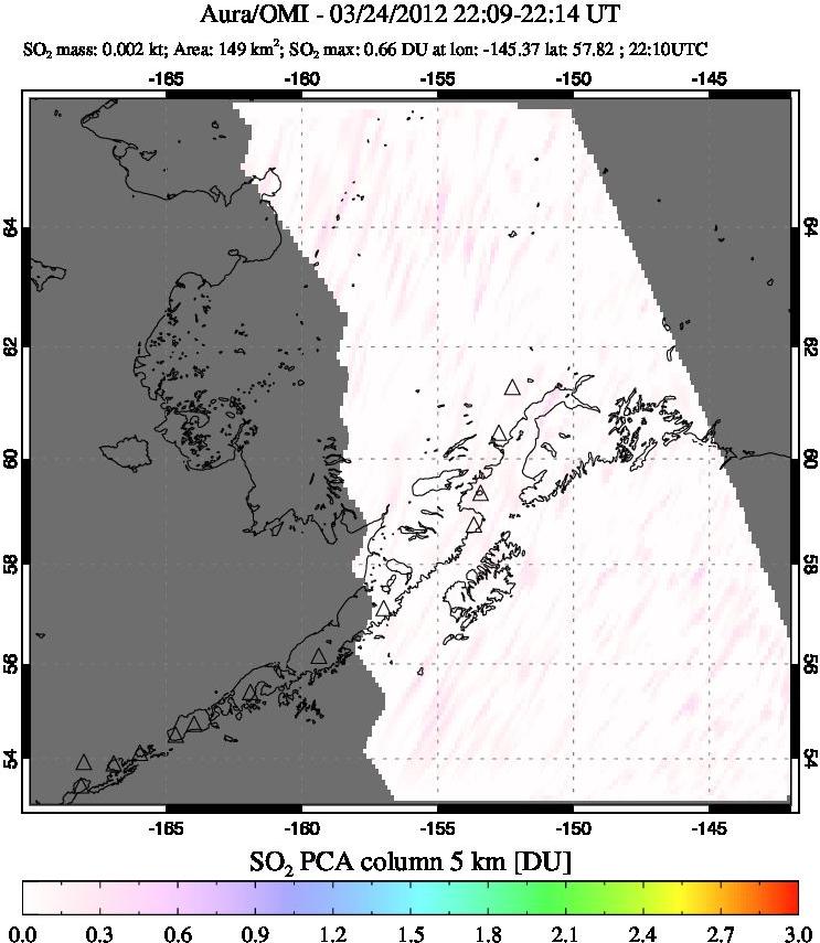 A sulfur dioxide image over Alaska, USA on Mar 24, 2012.