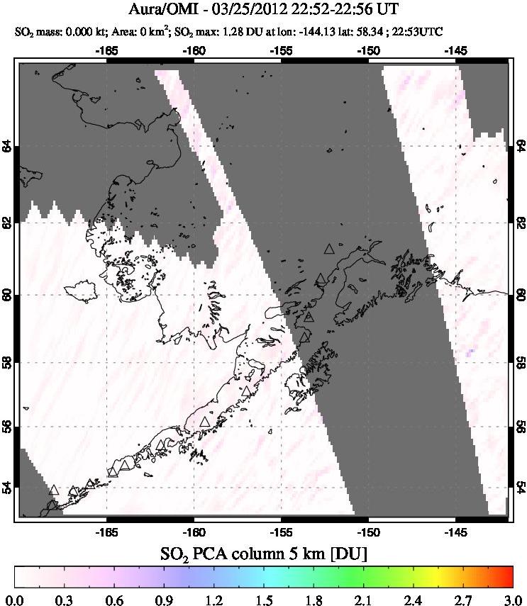 A sulfur dioxide image over Alaska, USA on Mar 25, 2012.