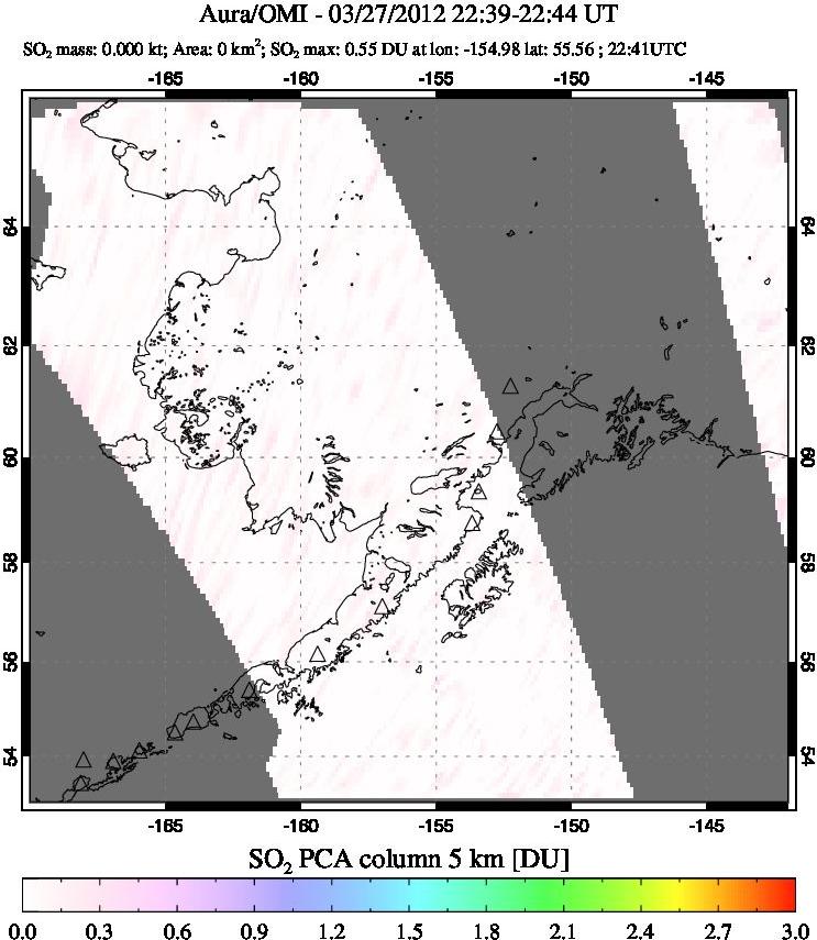 A sulfur dioxide image over Alaska, USA on Mar 27, 2012.