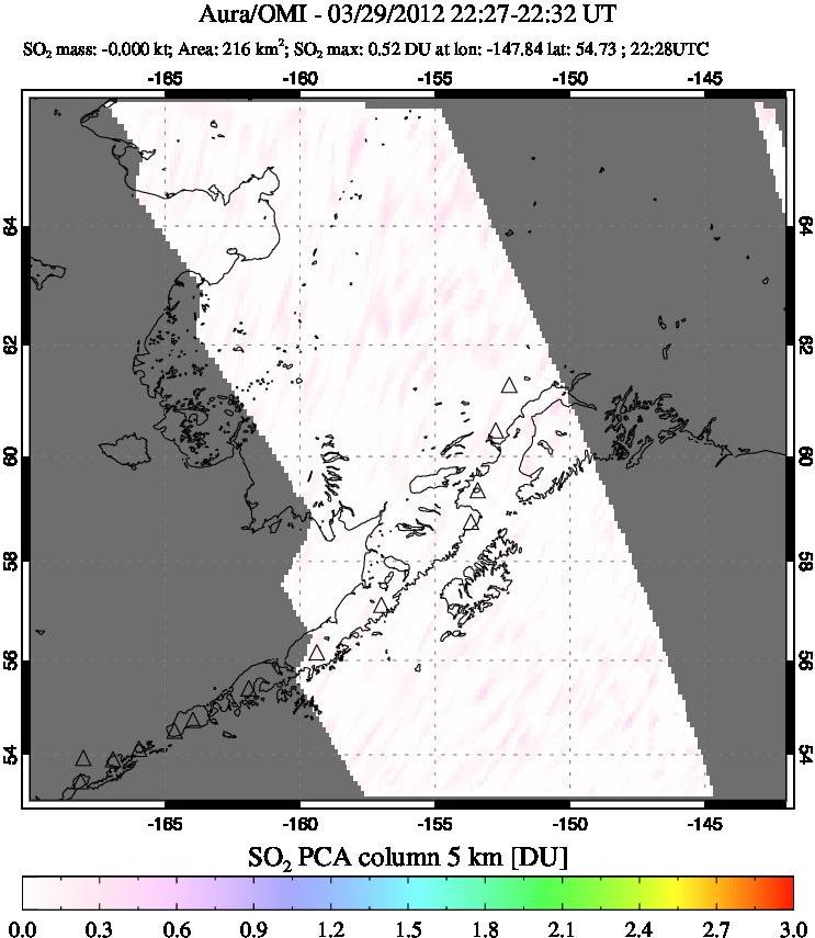A sulfur dioxide image over Alaska, USA on Mar 29, 2012.