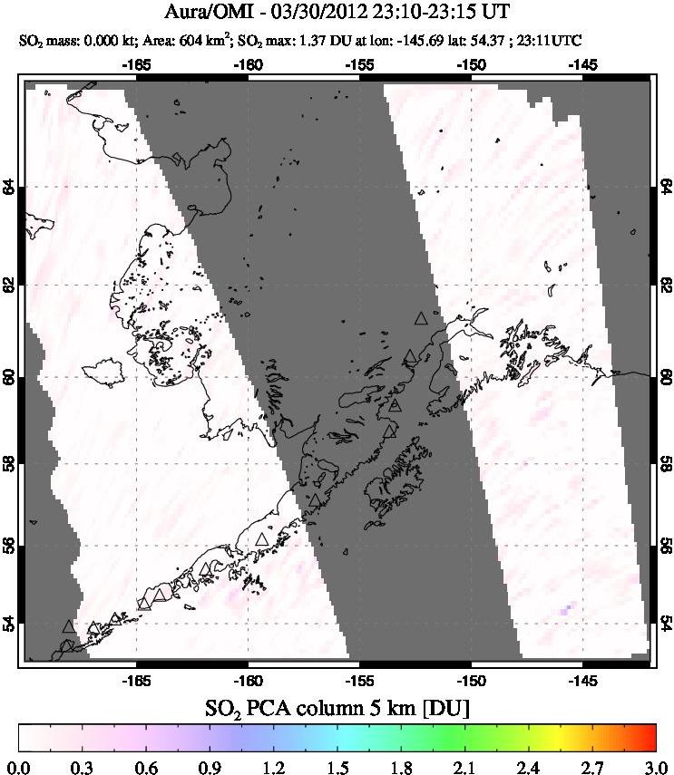 A sulfur dioxide image over Alaska, USA on Mar 30, 2012.