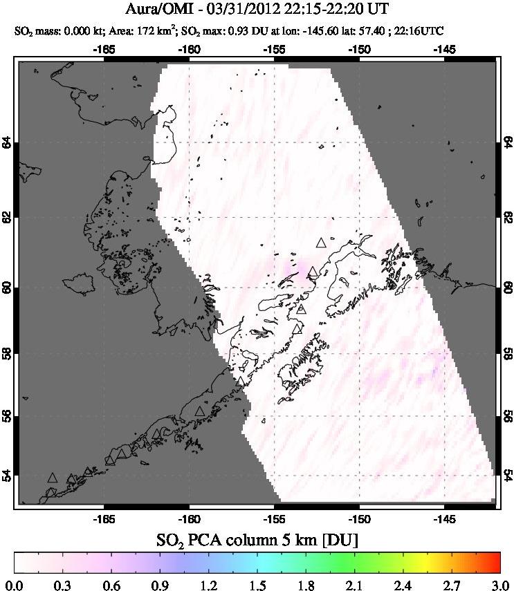A sulfur dioxide image over Alaska, USA on Mar 31, 2012.