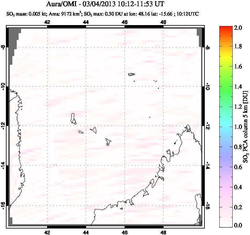 A sulfur dioxide image over Comoro Islands on Mar 04, 2013.