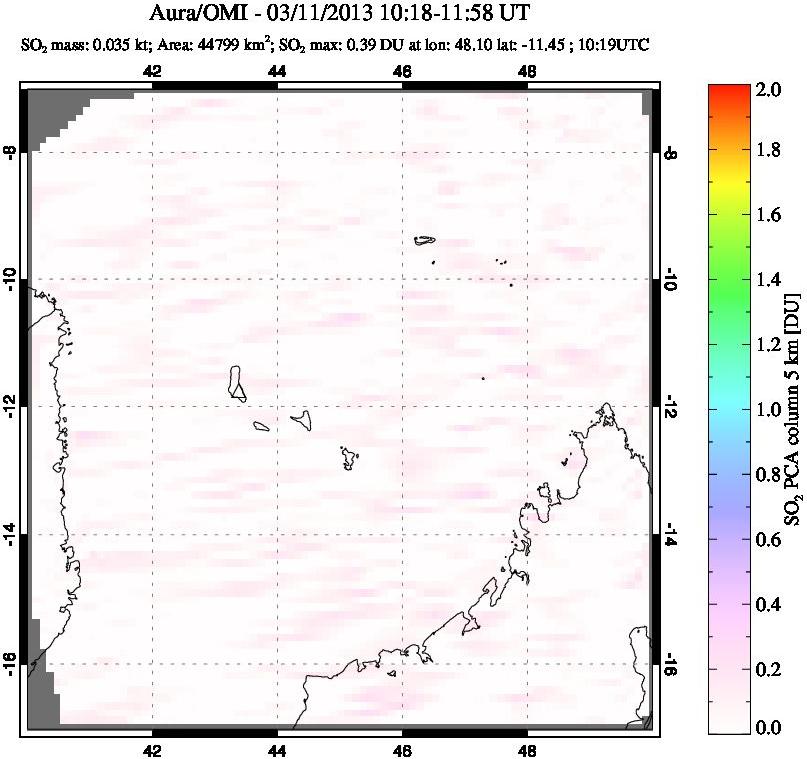 A sulfur dioxide image over Comoro Islands on Mar 11, 2013.