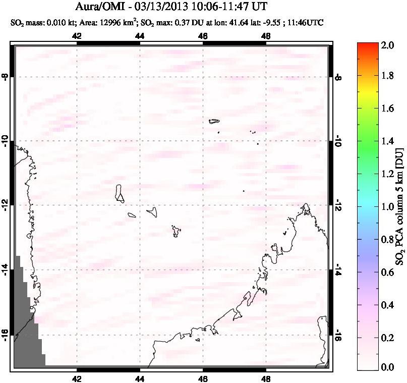 A sulfur dioxide image over Comoro Islands on Mar 13, 2013.