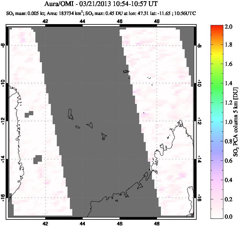 A sulfur dioxide image over Comoro Islands on Mar 21, 2013.