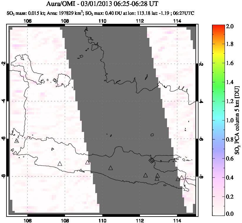 A sulfur dioxide image over Java, Indonesia on Mar 01, 2013.