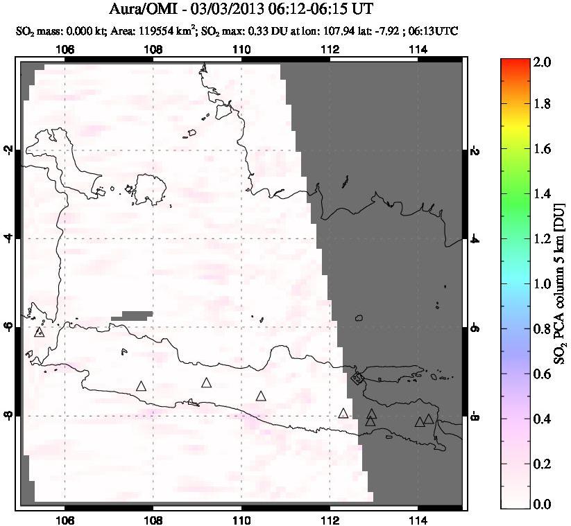 A sulfur dioxide image over Java, Indonesia on Mar 03, 2013.