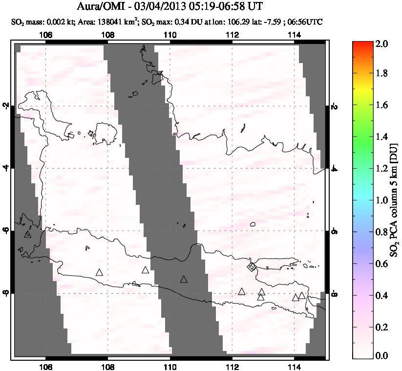 A sulfur dioxide image over Java, Indonesia on Mar 04, 2013.