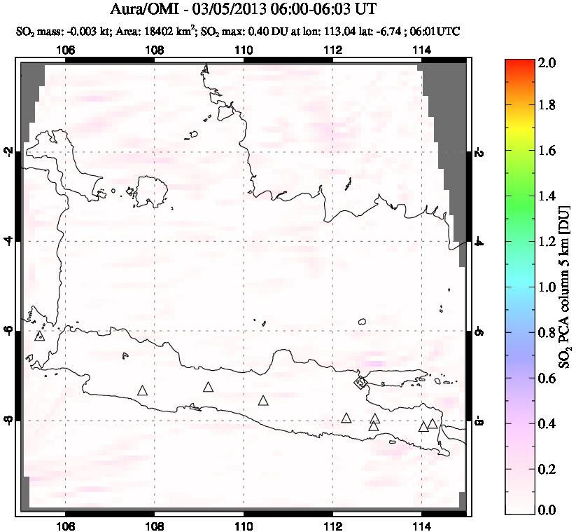A sulfur dioxide image over Java, Indonesia on Mar 05, 2013.