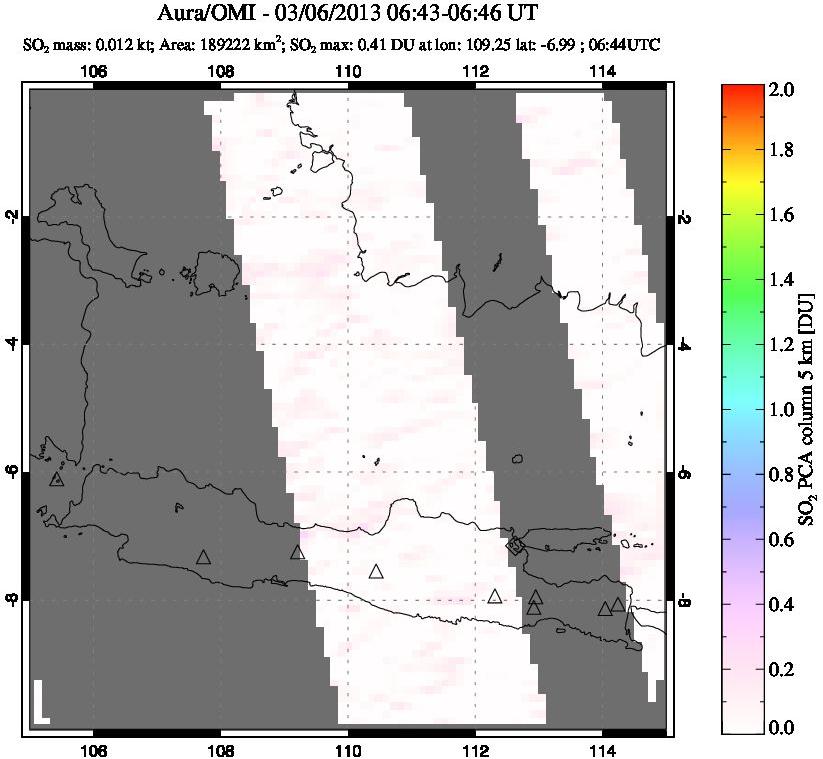 A sulfur dioxide image over Java, Indonesia on Mar 06, 2013.