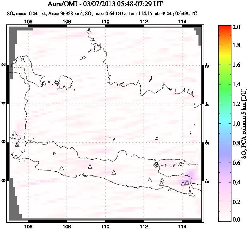 A sulfur dioxide image over Java, Indonesia on Mar 07, 2013.