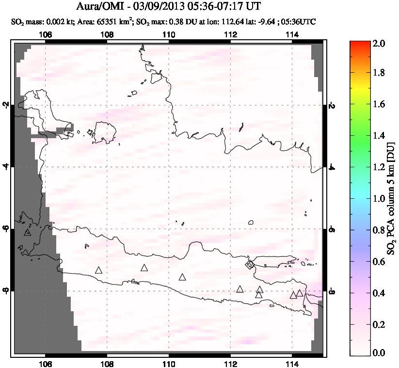 A sulfur dioxide image over Java, Indonesia on Mar 09, 2013.