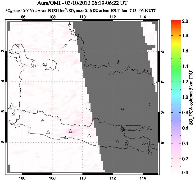 A sulfur dioxide image over Java, Indonesia on Mar 10, 2013.