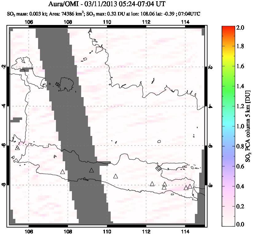 A sulfur dioxide image over Java, Indonesia on Mar 11, 2013.