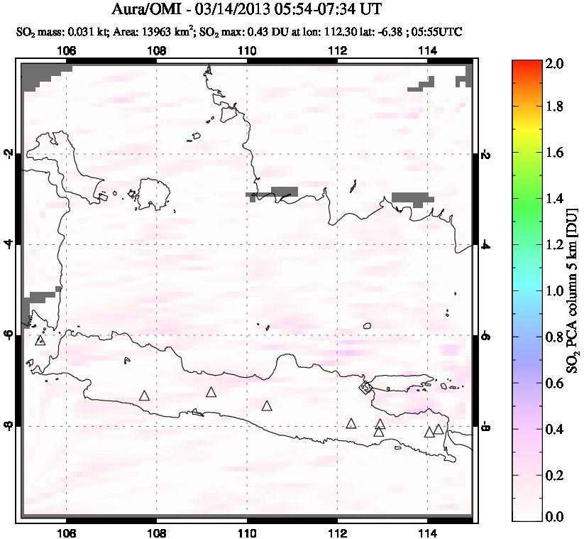 A sulfur dioxide image over Java, Indonesia on Mar 14, 2013.