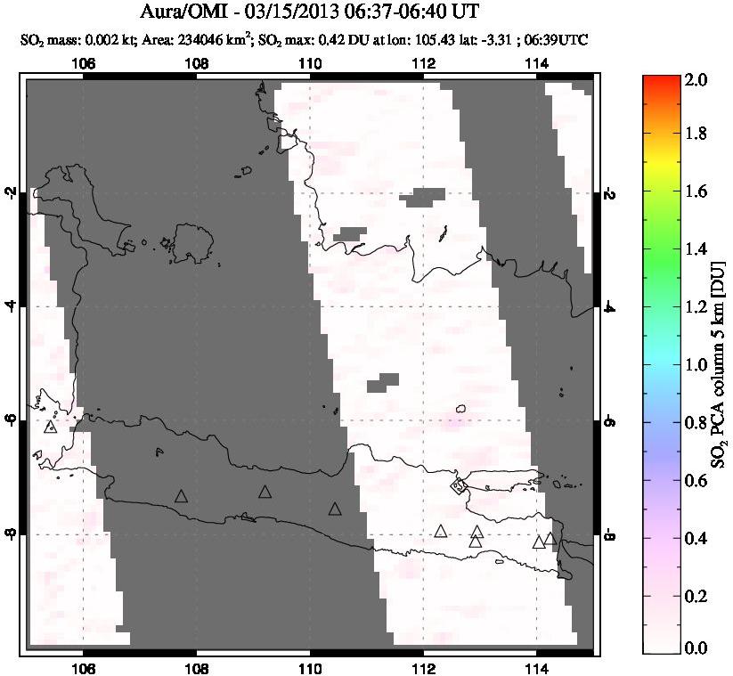A sulfur dioxide image over Java, Indonesia on Mar 15, 2013.
