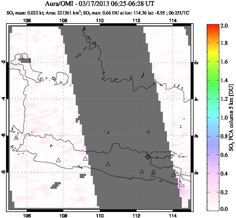 A sulfur dioxide image over Java, Indonesia on Mar 17, 2013.