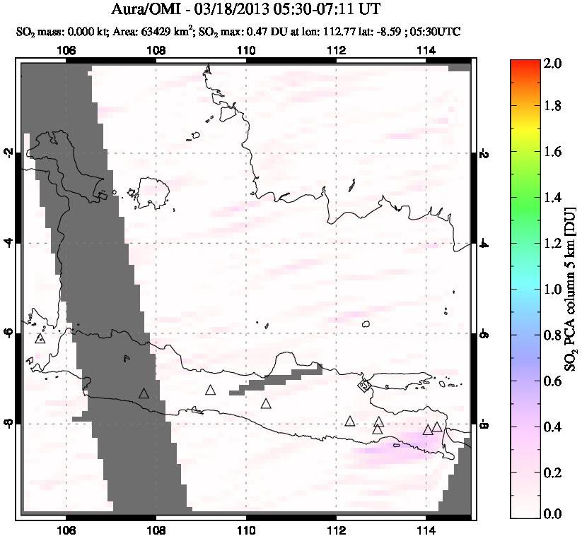 A sulfur dioxide image over Java, Indonesia on Mar 18, 2013.