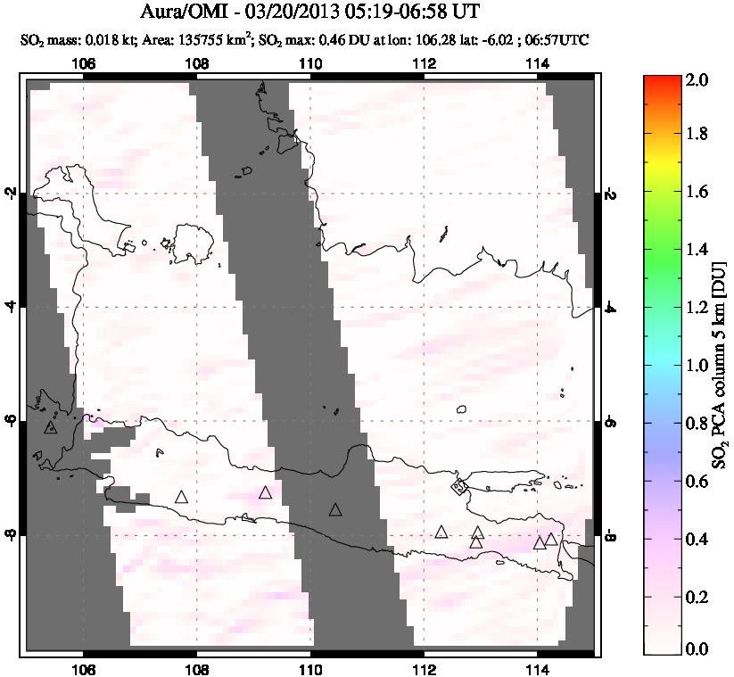 A sulfur dioxide image over Java, Indonesia on Mar 20, 2013.