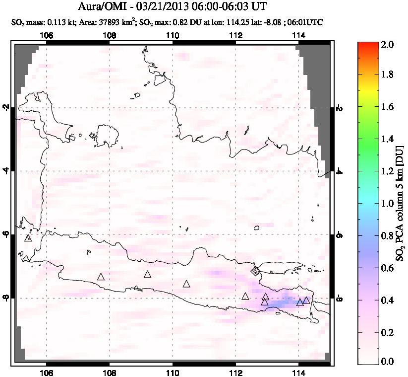 A sulfur dioxide image over Java, Indonesia on Mar 21, 2013.