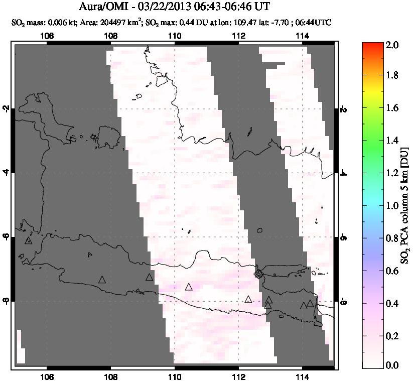 A sulfur dioxide image over Java, Indonesia on Mar 22, 2013.