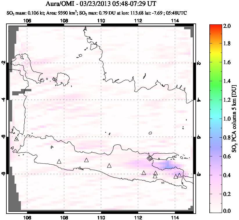 A sulfur dioxide image over Java, Indonesia on Mar 23, 2013.