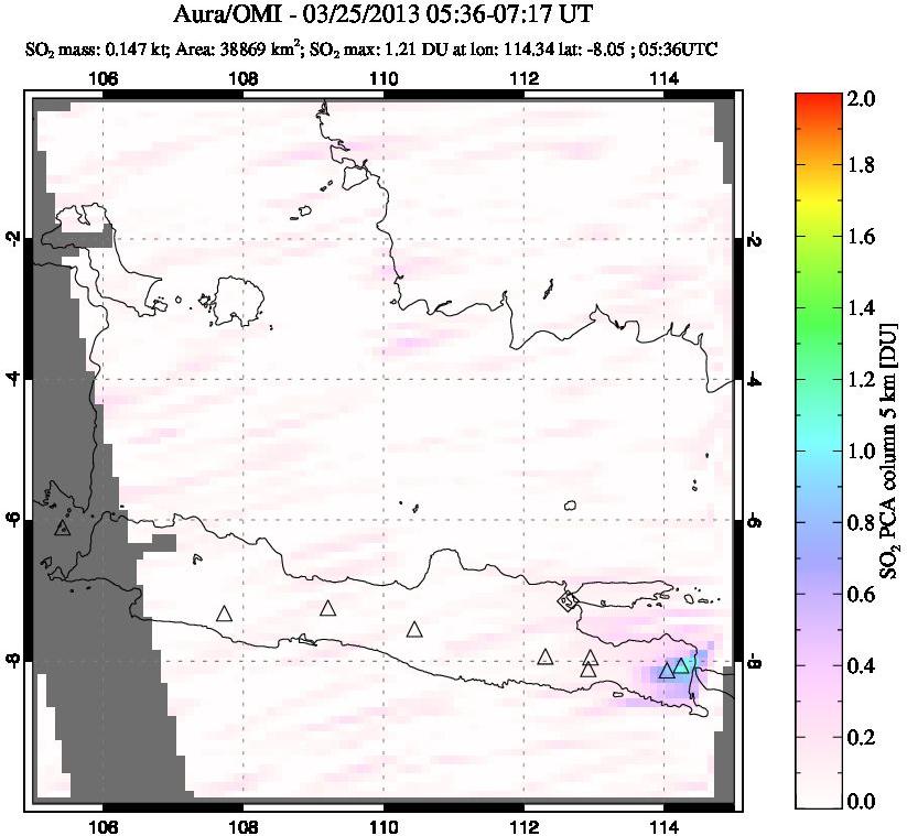 A sulfur dioxide image over Java, Indonesia on Mar 25, 2013.