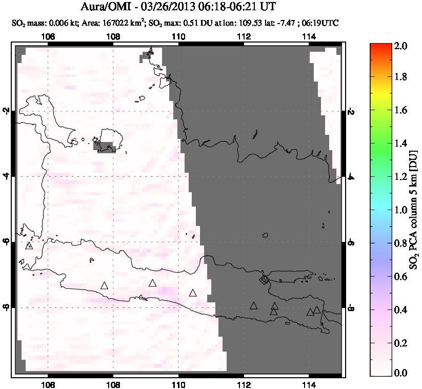 A sulfur dioxide image over Java, Indonesia on Mar 26, 2013.