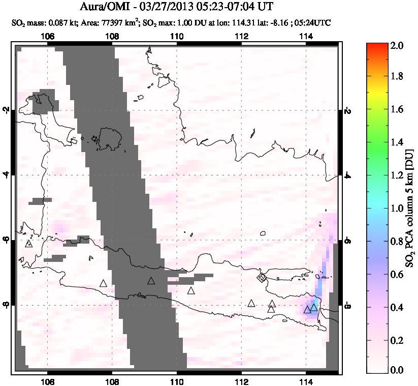 A sulfur dioxide image over Java, Indonesia on Mar 27, 2013.