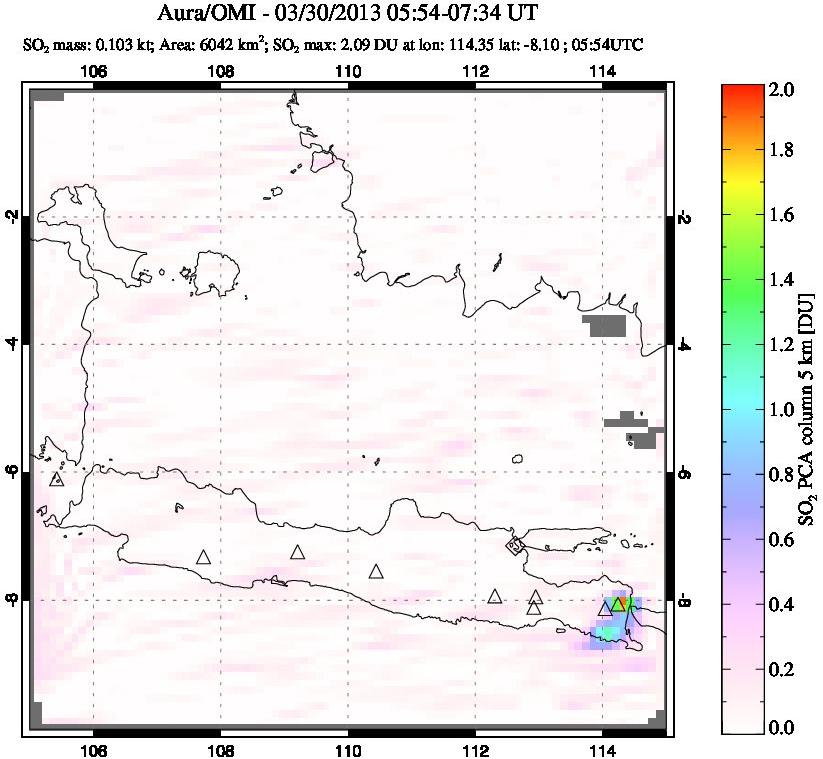 A sulfur dioxide image over Java, Indonesia on Mar 30, 2013.