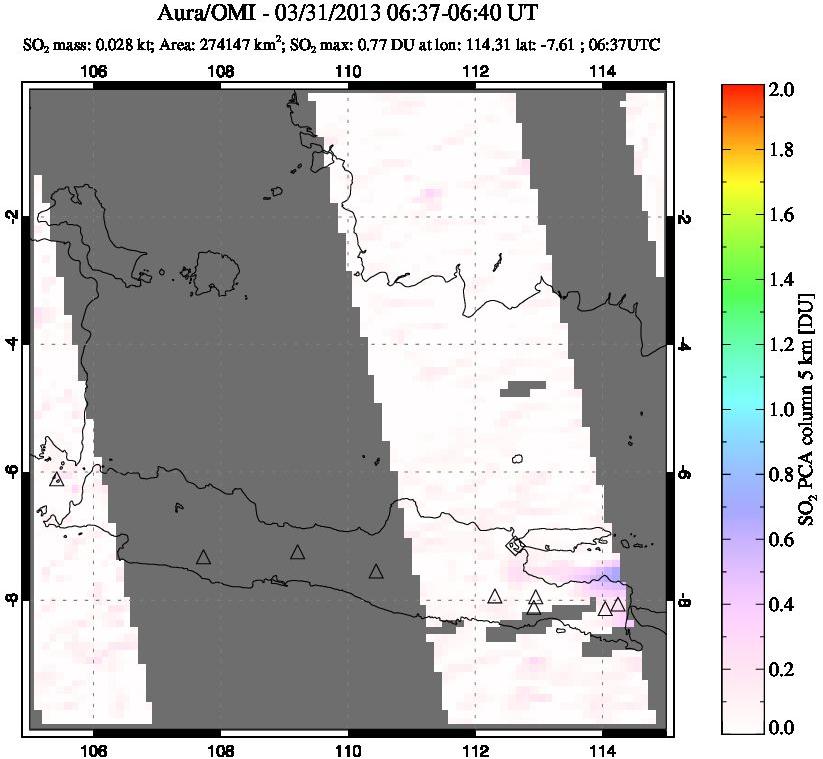 A sulfur dioxide image over Java, Indonesia on Mar 31, 2013.