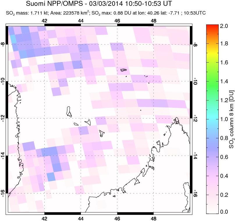 A sulfur dioxide image over Comoro Islands on Mar 03, 2014.