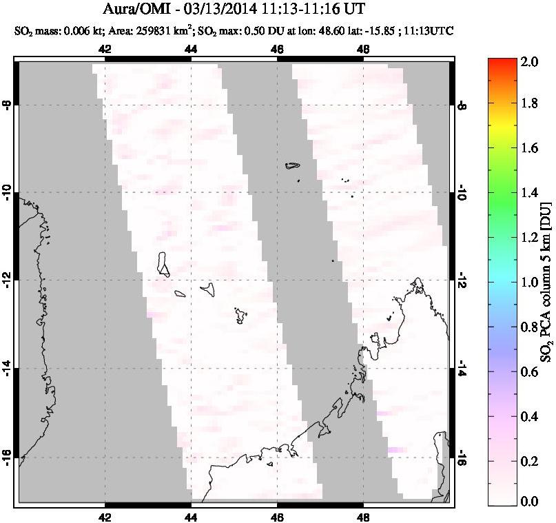 A sulfur dioxide image over Comoro Islands on Mar 13, 2014.