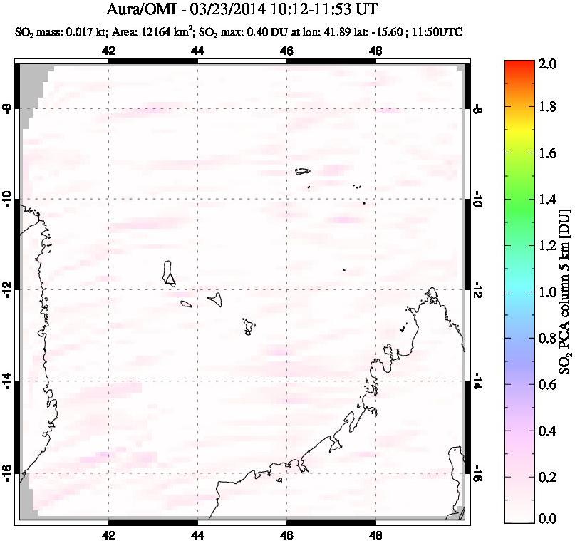 A sulfur dioxide image over Comoro Islands on Mar 23, 2014.