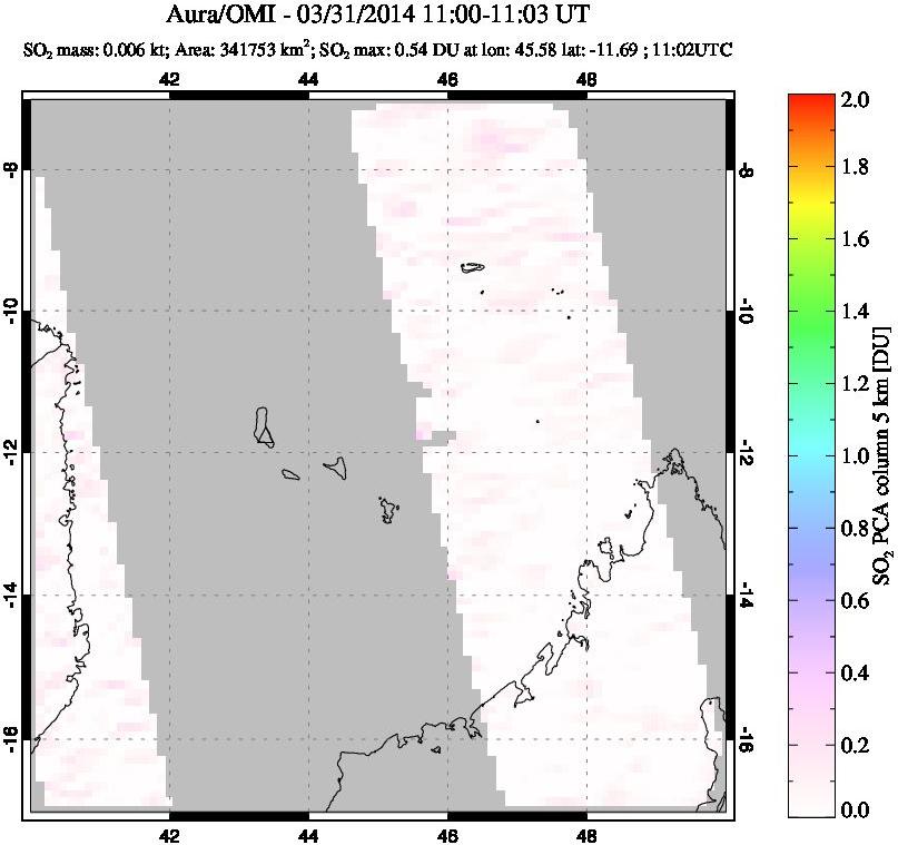 A sulfur dioxide image over Comoro Islands on Mar 31, 2014.