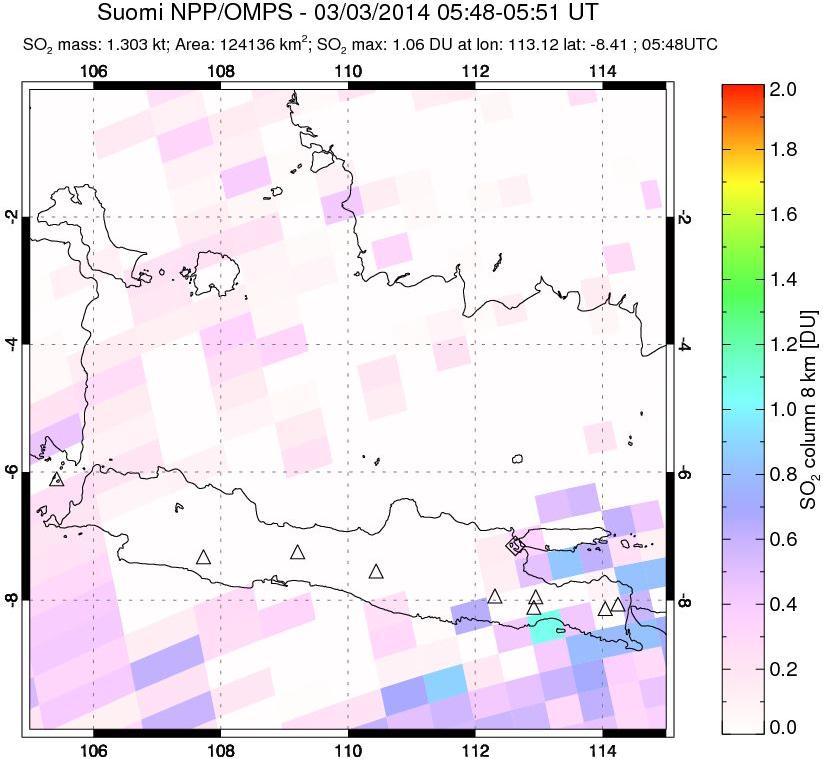 A sulfur dioxide image over Java, Indonesia on Mar 03, 2014.