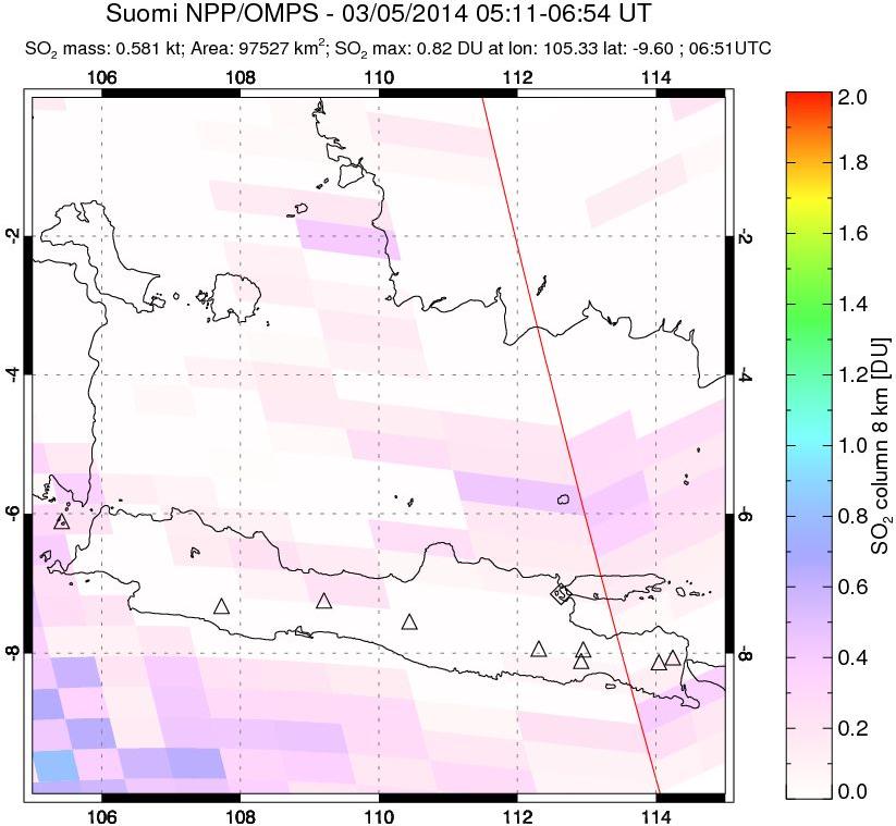 A sulfur dioxide image over Java, Indonesia on Mar 05, 2014.