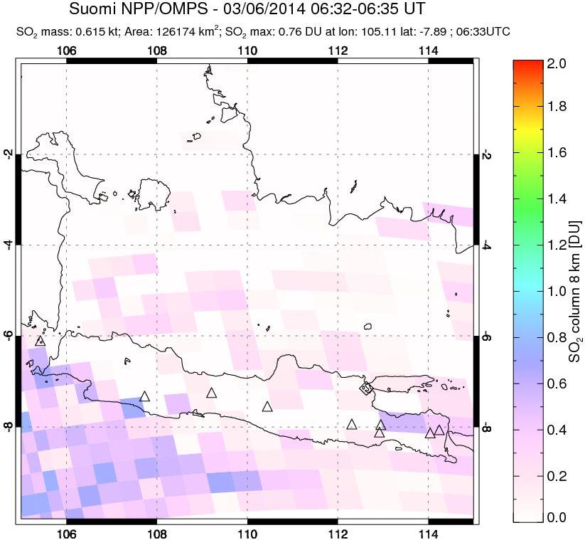 A sulfur dioxide image over Java, Indonesia on Mar 06, 2014.