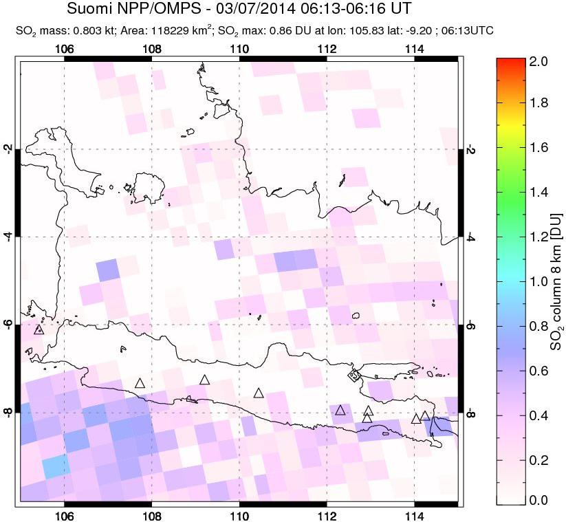A sulfur dioxide image over Java, Indonesia on Mar 07, 2014.