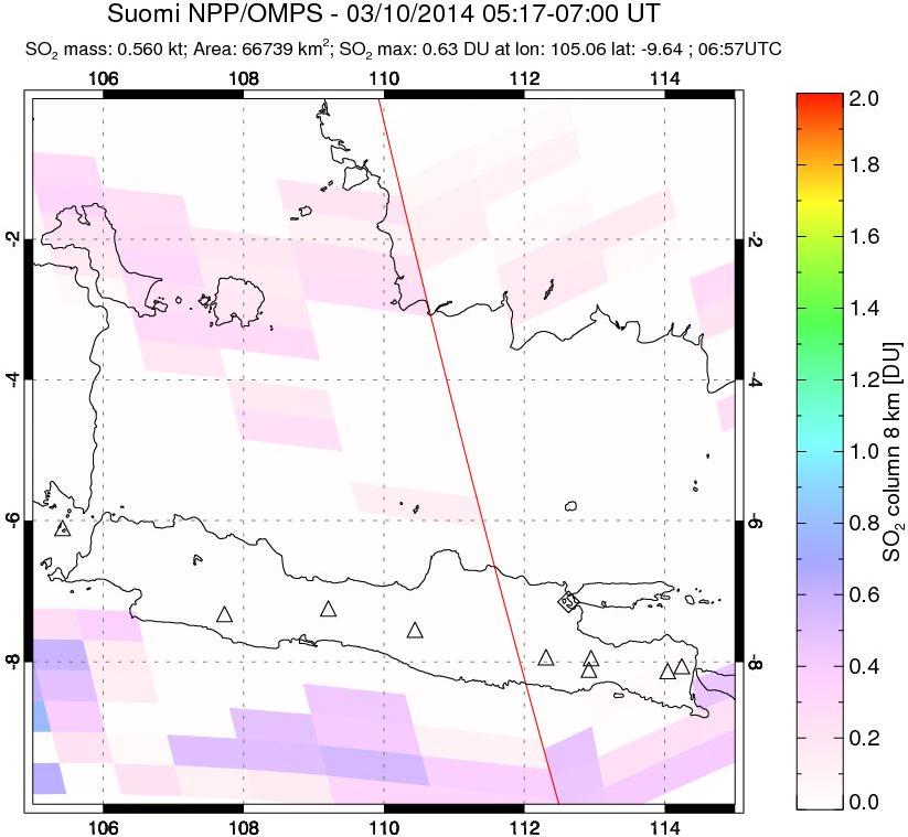A sulfur dioxide image over Java, Indonesia on Mar 10, 2014.