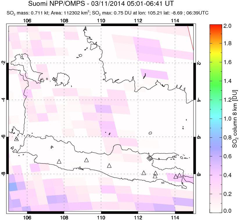 A sulfur dioxide image over Java, Indonesia on Mar 11, 2014.