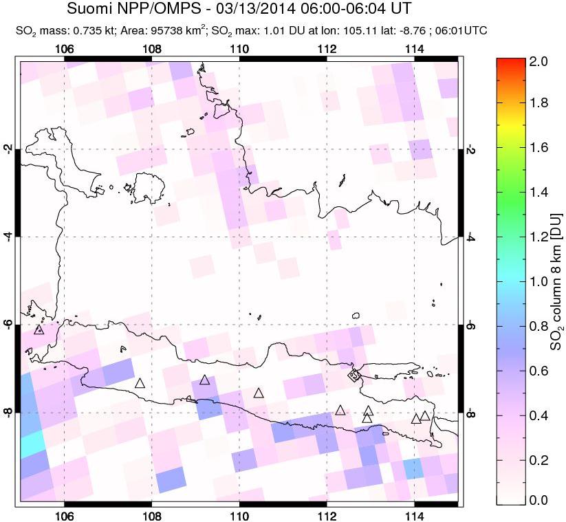 A sulfur dioxide image over Java, Indonesia on Mar 13, 2014.