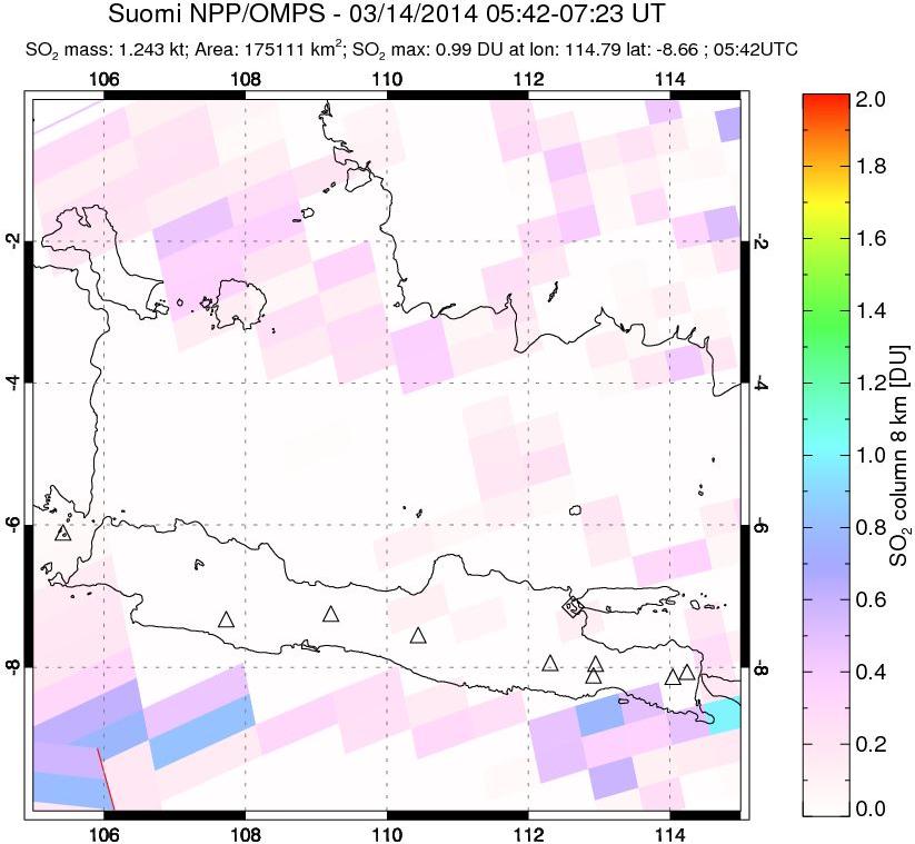 A sulfur dioxide image over Java, Indonesia on Mar 14, 2014.