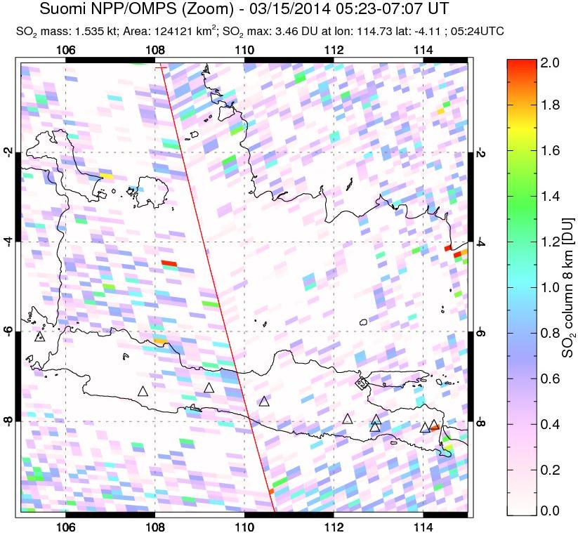 A sulfur dioxide image over Java, Indonesia on Mar 15, 2014.