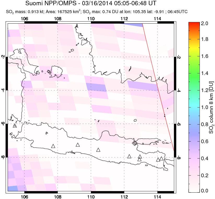 A sulfur dioxide image over Java, Indonesia on Mar 16, 2014.